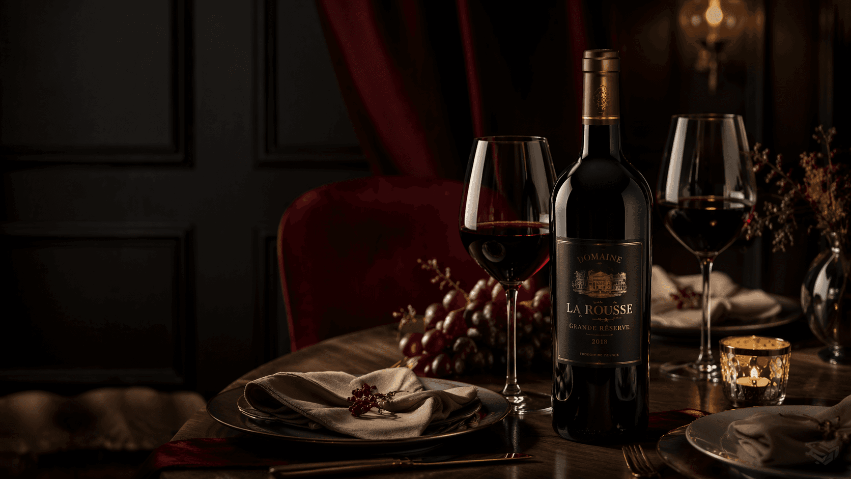 Garrafa de vinho tinto ao lado de taças em um jantar sofisticado